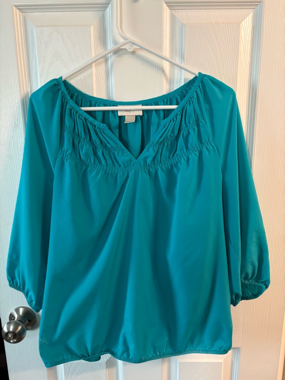 LOFT Teal V-Neck Peasant Blouse